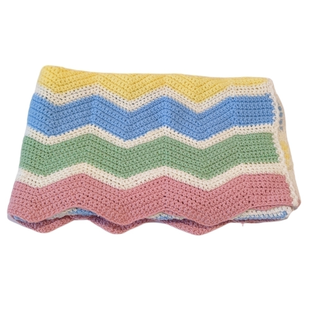 2/$20 Handmade Hand Knit Crochet Chevron Baby Blanket 50"X40" Waves Pastel